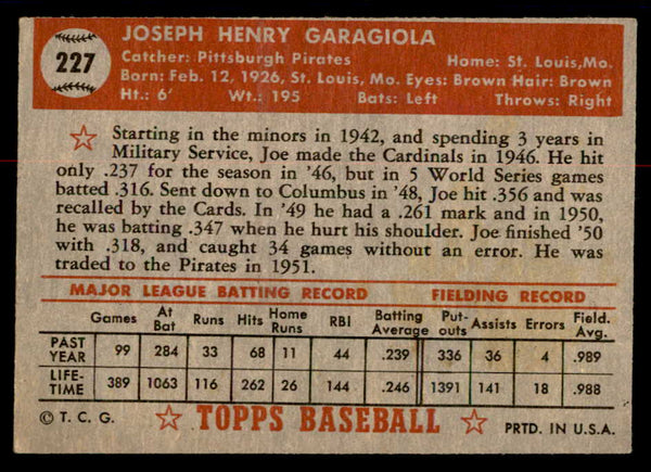 1952 Topps Baseball #227 Joe Garagiola Pirates VG-EX 558820