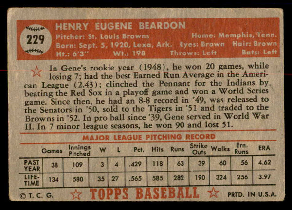 1952 Topps Baseball #229 Gene Bearden Browns VG 558827
