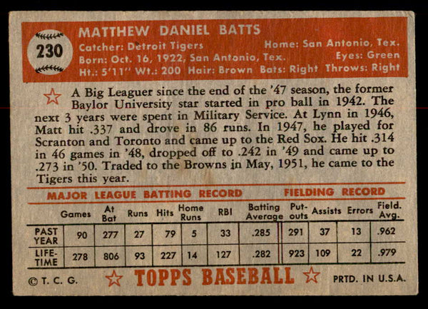 1952 Topps Baseball #230 Matt Batts Tigers GD-VG 558828