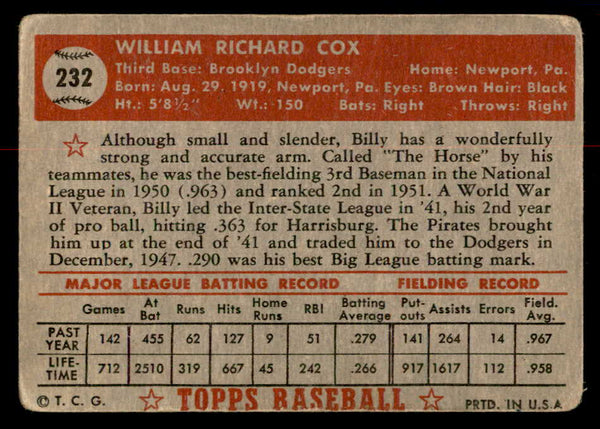 1952 Topps Baseball #232 Billy Cox Dodgers GD-VG 558829