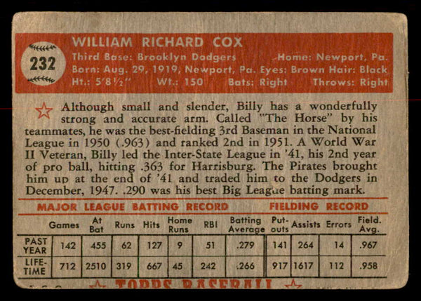 1952 Topps Baseball #232 Billy Cox Dodgers Good 558830