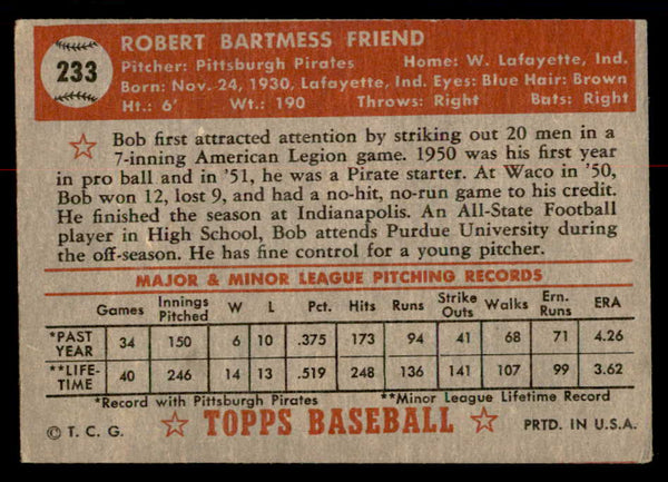 1952 Topps Baseball #233 Bob Friend Pirates VG 558831