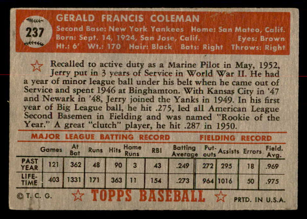 1952 Topps Baseball #237 Jerry Coleman Yankees VG 558836