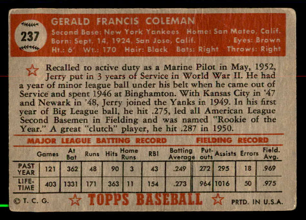 1952 Topps Baseball #237 Jerry Coleman Yankees Good 558837
