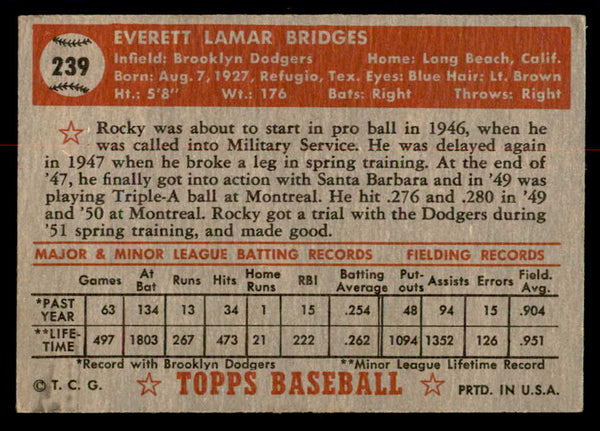 1952 Topps Baseball #239 Rocky Bridges Dodgers VG-EX 558839
