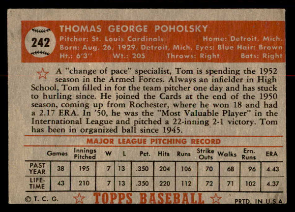 1952 Topps Baseball #242 Tom Poholsky Cardinals VG 558844