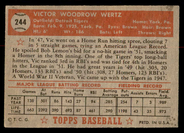 1952 Topps Baseball #244 Vic Wertz Tigers VG 558847
