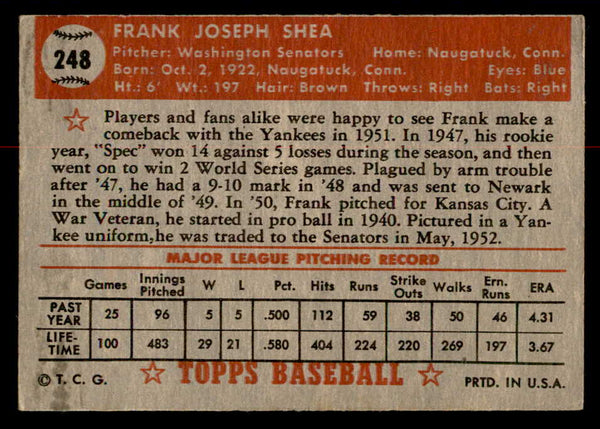 1952 Topps Baseball #248 Frank Shea Yankees VG 558852