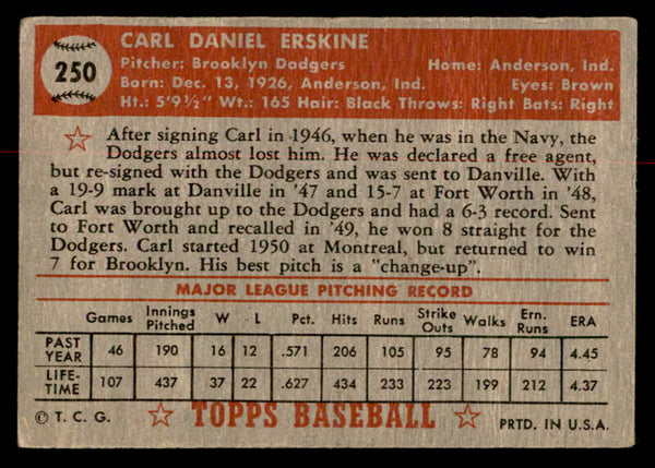 1952 Topps Baseball #250 Carl Erskine Dodgers Good 558853