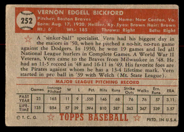 1952 Topps Baseball #252 Vern Bickford Braves GD-VG 558855