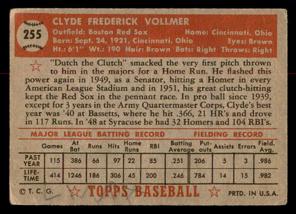 1952 Topps Baseball #255 Clyde Vollmer Red Sox GD-VG 558856