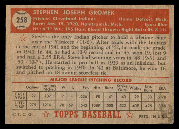 1952 Topps Baseball #258 Steve Gromek Indians VG 558858