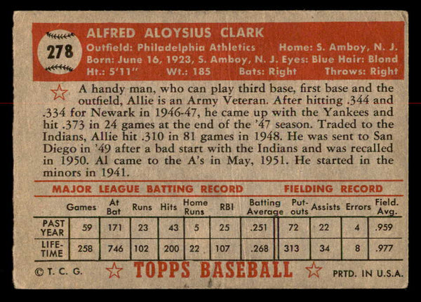 1952 Topps Baseball #278 Allie Clark A's VG-EX 558865