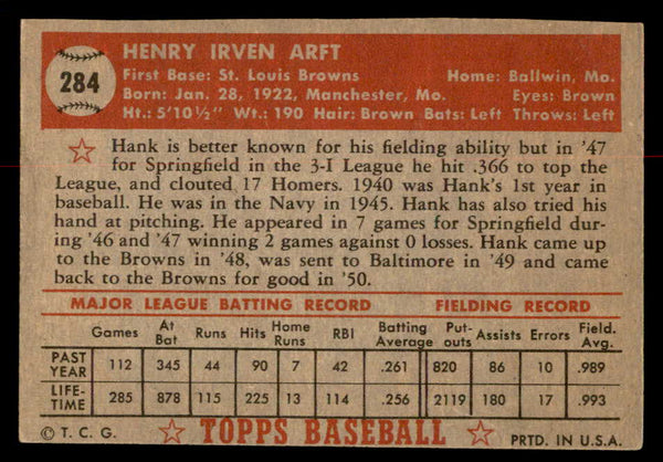 1952 Topps Baseball #284 Hank Arft Browns VG 558866