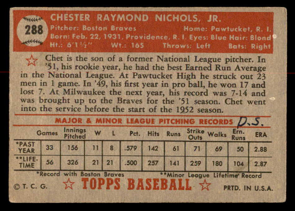 1952 Topps Baseball #288 Chet Nichols Braves VG-EX 558867