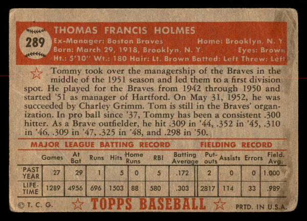 1952 Topps Baseball #289 Tommy Holmes Braves Good 558868
