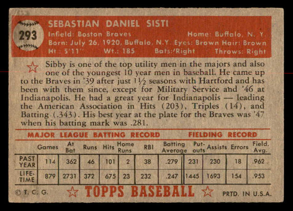1952 Topps Baseball #293 Sibby Sisti Braves VG 558869