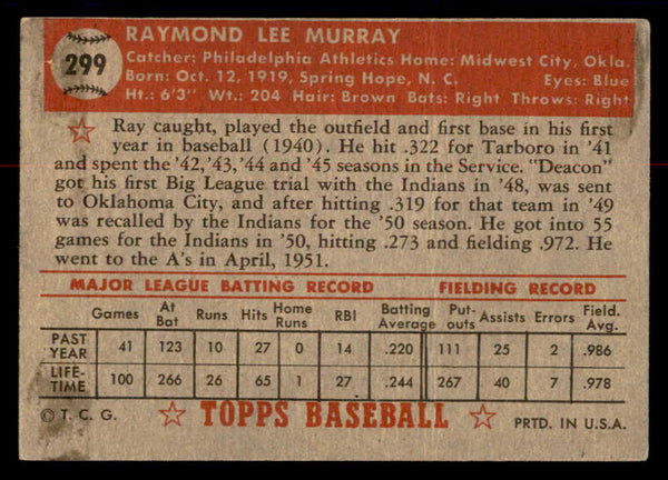 1952 Topps Baseball #299 Ray Murray A's VG 558870