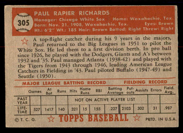 1952 Topps Baseball #305 Paul Richards White Sox VG 558871