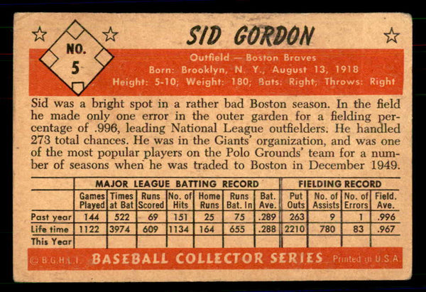 1953 Bowman Color Baseball #005 Sid Gordon Braves VG 558878