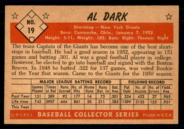 1953 Bowman Color Baseball #019 Al Dark Giants NR-MT 558888