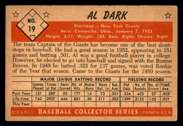 1953 Bowman Color Baseball #019 Al Dark Giants EX 558891