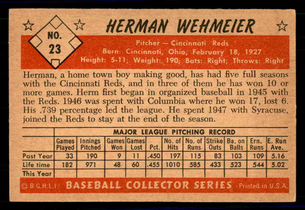 1953 Bowman Color Baseball #023 Herman Wehmeier Reds EX-MT 558893