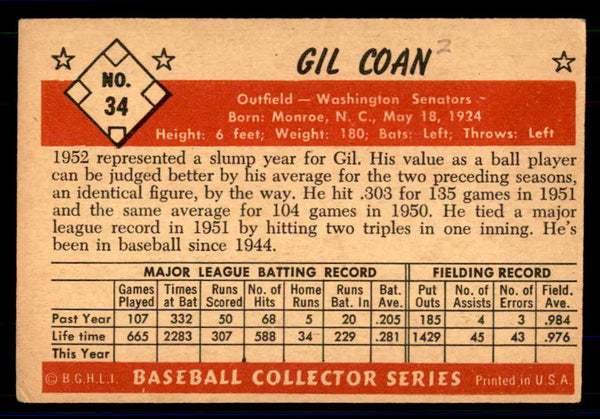 1953 Bowman Color Baseball #034 Gil Coan Senators VG-EX 558903