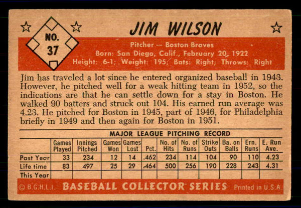 1953 Bowman Color Baseball #037 Jim Wilson Braves VG 558904
