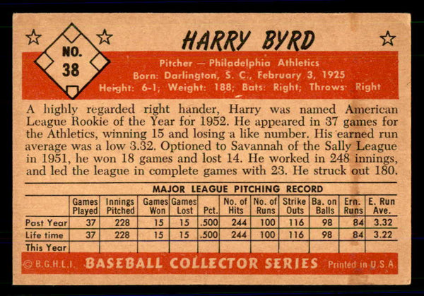 1953 Bowman Color Baseball #038 Harry Byrd A's VG-EX 558905