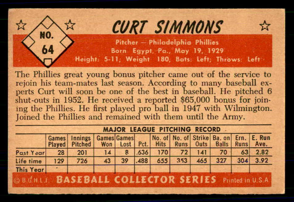 1953 Bowman Color Baseball #064 Curt Simmons Phillies EX 558922