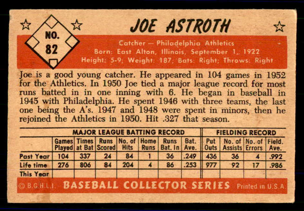 1953 Bowman Color Baseball #082 Joe Astroth A's VG-EX 558944
