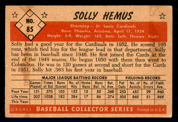 1953 Bowman Color Baseball #085 Solly Hemus Cardinals VG-EX 558946