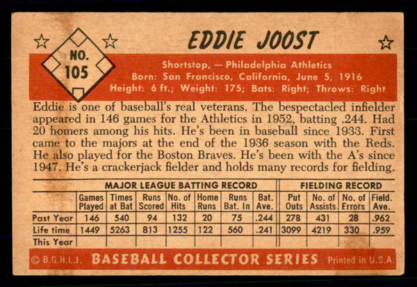 1953 Bowman Color Baseball #105 Eddie Joost A's EX 558964