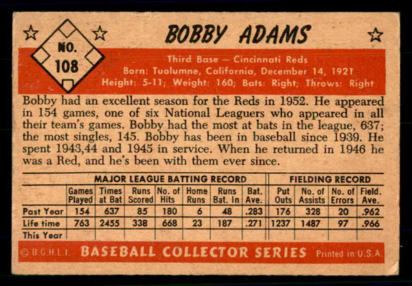 1953 Bowman Color Baseball #108 Bobby Adams Reds VG-EX 558967