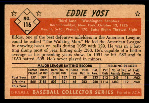 1953 Bowman Color Baseball #116 Eddie Yost Senators EX 558974