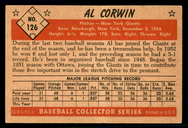 1953 Bowman Color Baseball #126 Al Corwin Giants EX-MT 558982