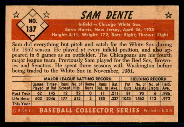 1953 Bowman Color Baseball #137 Sam Dente White Sox EX 558996