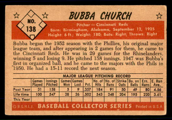 1953 Bowman Color Baseball #138 Bubba Church Reds VG-EX 558998