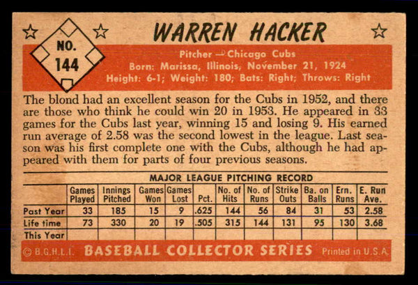 1953 Bowman Color Baseball #144 Warren Hacker Cubs VG-EX 559004