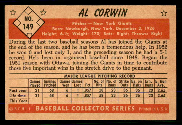 1953 Bowman Color Baseball #149 Al Corwin Giants EX-MT 559008