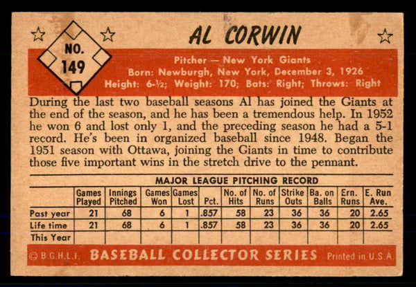 1953 Bowman Color Baseball #149 Al Corwin Giants VG-EX 559009
