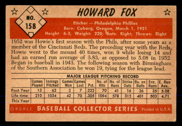 1953 Bowman Color Baseball #158 Howie Fox Phillies EX-MT 559023