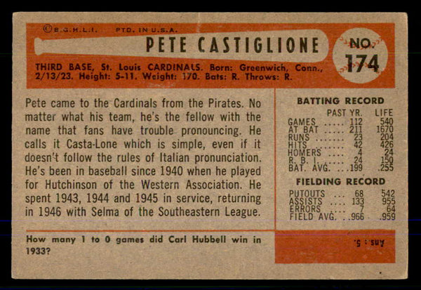 1954 Bowman Baseball #174 Pete Castiglione Cardinals VG-EX 559029