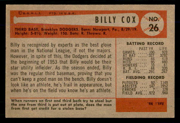 1954 Bowman Baseball #026 Billy Cox Dodgers EX-MT 559038