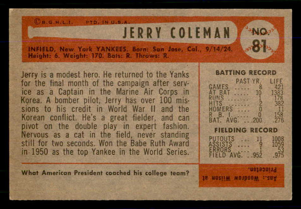 1954 Bowman Baseball #081 Jerry Coleman Yankees EX-MT 559040