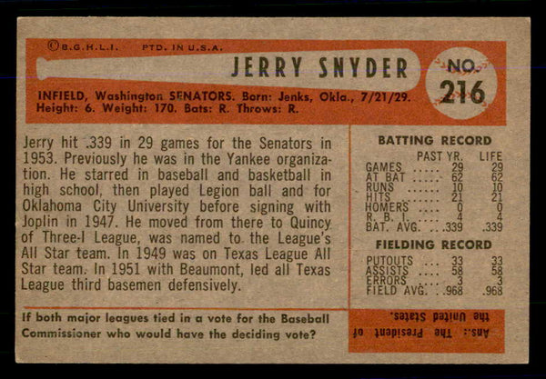 1954 Bowman Baseball #216 Jerry Snyder Senators EX-MT 559041