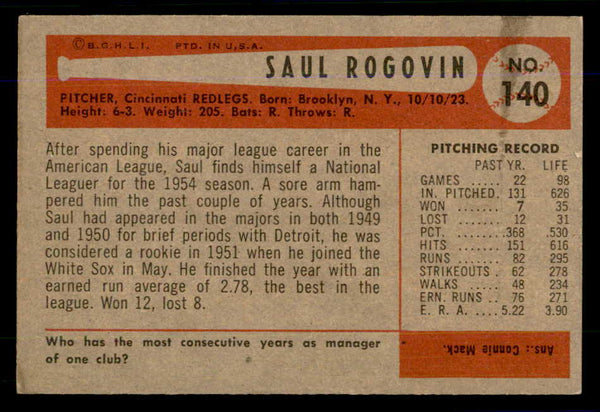 1954 Bowman Baseball #140 Saul Rogovin Reds EX-MT 559044
