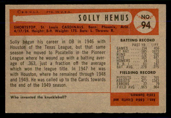 1954 Bowman Baseball #094 Solly Hemus Cardinals EX-MT 559047