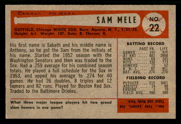1954 Bowman Baseball #022 Sam Mele White Sox EX-MT 559053